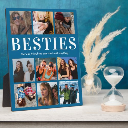 Besties Gift | Best Friends Forever Plaque - Personalized friendship photo plaque featuring a modern blue background that can be changed to any color, 9 pictures of you and your bestie, and a cute best friend quote.