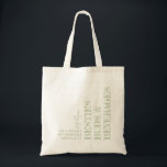 Besties Girls Trip Personalized Green Tote Bag<br><div class="desc">Green and tan "Besties Buds & Beverages" personalized tote bag with name, date, weekend trip destination, and fun editable text quote custom-printed sideways vertically and in different directions in a boho trendy typography style. Perfect as a keepsake momento or practical favor for a girls weekend getaway, friends birthday destination trip,...</div>