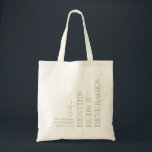 Besties Girls Trip Personalized Green Tote Bag<br><div class="desc">Green and tan "Besties Buds & Beverages" personalized tote bag with name, date, weekend trip destination, and fun editable text quote custom-printed sideways vertically and in different directions in a boho trendy typography style. Perfect as a keepsake momento or practical favor for a girls weekend getaway, friends birthday destination trip,...</div>