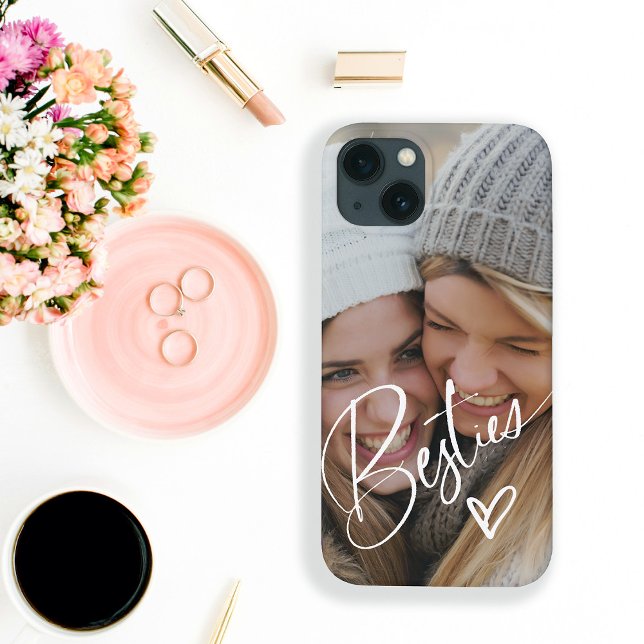Besties in Trendy Script | Photo with Heart Case-Mate iPhone Case (A trendy and stylish phone case that says "Besties" with a cute white heart, and your photo)
