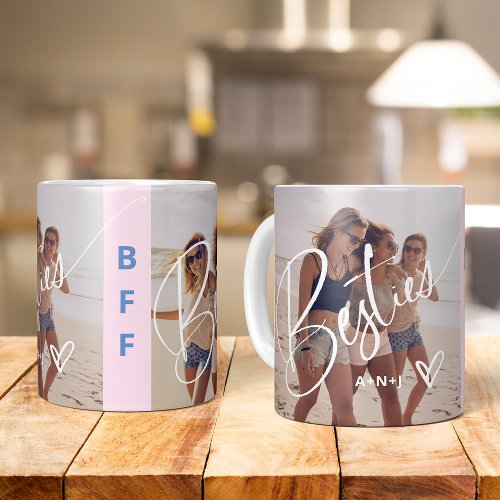 Besties in Trendy Script  Two Photos with Heart Coffee Mug