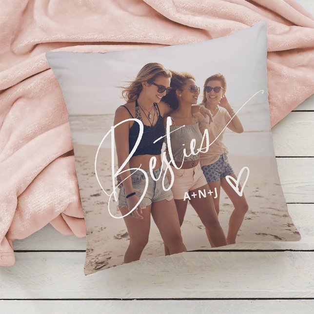 Besties in Trendy Script | Two Photos with Heart Throw Pillow (A stylish and trendy pillow for your besties, with two photos)