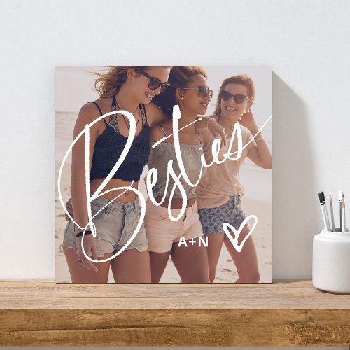 Besties in Trendy Script  Your Photo with Heart Faux Canvas Print