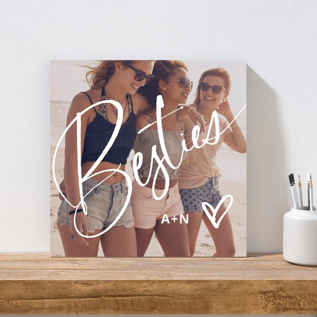 Besties in Trendy Script | Your Photo with Heart Faux Canvas Print (A trendy and stylish faux canvas print with elegant script and a photo for your besties)