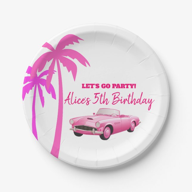 Besties Malibu Pink Doll Beach Birthday Paper Plates (Front)
