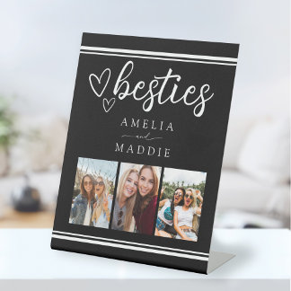 Besties Modern Photo Collage Black and White Pedestal Sign