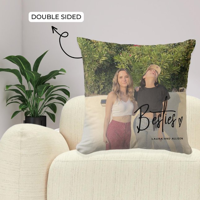 Besties Modern Script Best Friends Photo Elegant T Throw Pillow (Creator Uploaded)