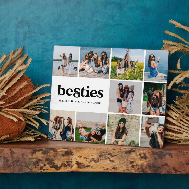 Besties | Modern Square 10 Photos Collage Custom  Plaque (Side)