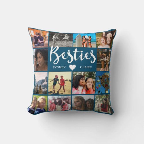 Besties Multi Photo Collage Friendship Blue Throw Pillow