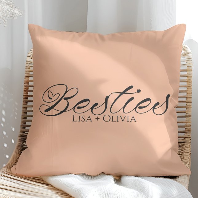 Besties Peach Fuzz Custom Name Best Friend Throw Pillow (Besties Peach Fuzz Custom Name Best Friend Throw Pillow on a sunny rattan chair.)