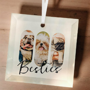 Besties Pet Simple Modern Playful Three Photo Glass Ornament