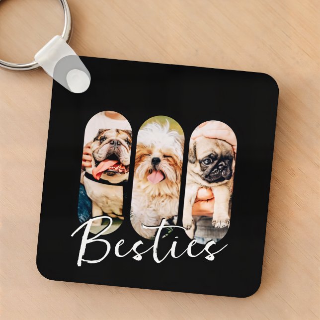 Besties Pet Simple Modern Playful Three Photo Keychain (Creator Uploaded)