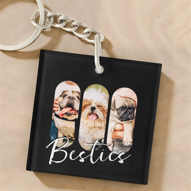 Besties Pet Simple Modern Playful Three Photo Keychain (Creator Uploaded)