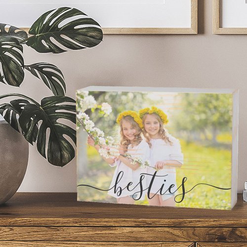 Besties Photo Black Elegant Script Overlay Wooden Box Sign