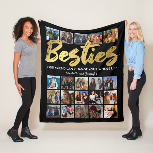 Besties Photo Collage | Best Friends Fleece Blanket - Personalized best friends fleecy blanket featuring a trendy black background that can be changed to any color, the word "besties" in a faux gold foil script font, a friendship quote, your names, and a 20 square photo collage template for you to customize to your own.