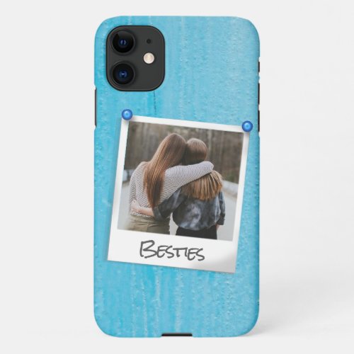 Besties Photo Rustic Vintage Blue Wood iPhone 11 Case