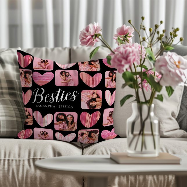 Besties Pink & Black Hearts & Photo  Throw Pillow (Creator Uploaded)