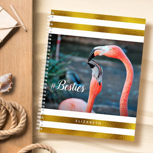 Besties Pink Flamingos Gold White Stripes Custom Notebook (Creator Uploaded)