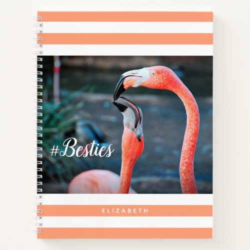 Besties Pink Flamingos Orange Stripes Custom Name Notebook