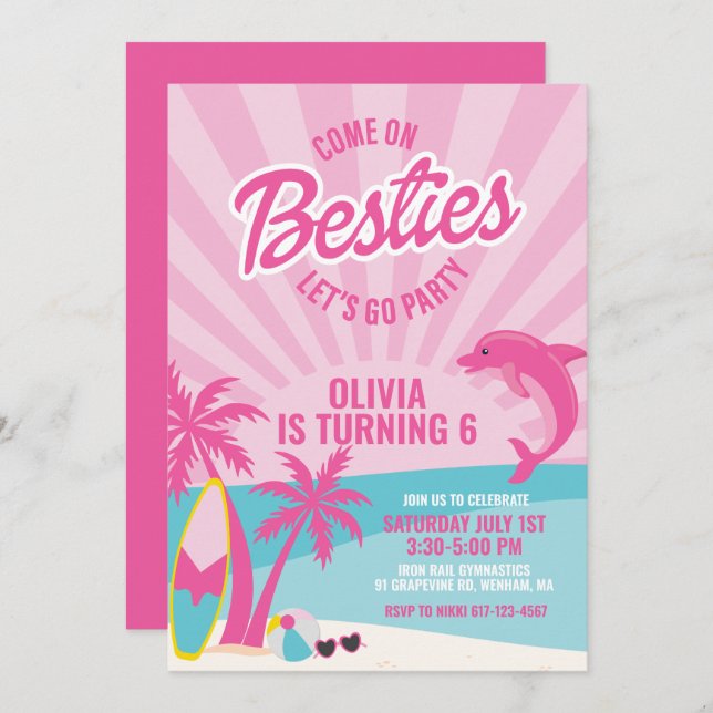 Besties pink malibu beach birthday invitation (Front/Back)
