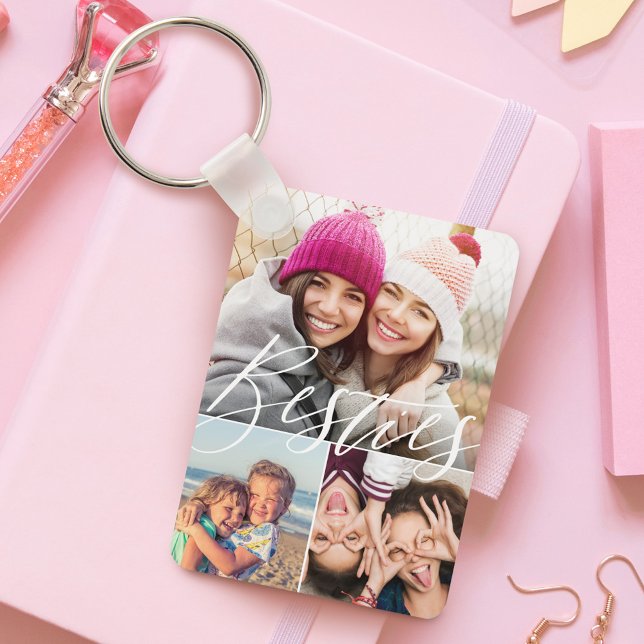 Besties Script 3 Photo Best Friends Collage BFFs Keychain (Besties Script 3 Photo Best Friends Collage BFFs Keychain)