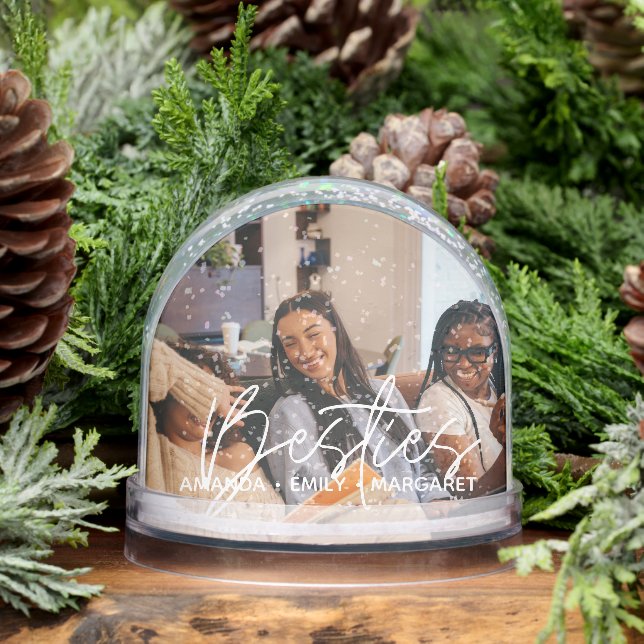 Besties Simple Modern Script Two Photos Snow Globe (Winter)