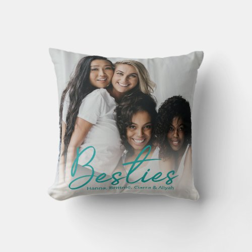 Besties Teal Script Custom Photo Throw Pillow