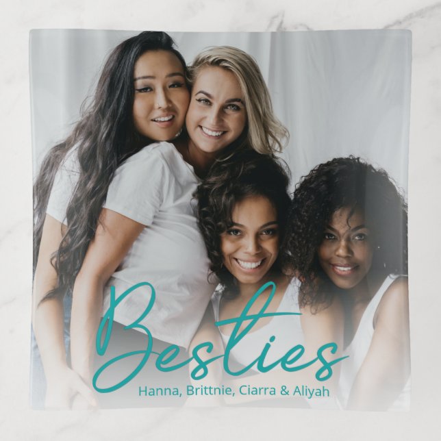 Besties Teal Script Custom Photo Trinket Trays (Front)