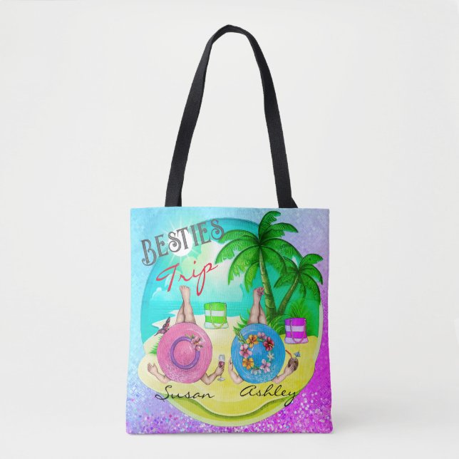 Besties trip summer beach blue personalized tote bag (Front)