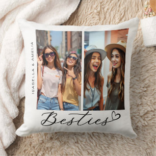 Besties Two Photos Calligraphy Script Heart BFF Throw Pillow