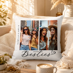 Besties Two Photos Calligraphy Script Heart BFF Throw Pillow