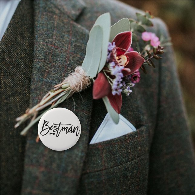 Bestman Black Brush Script Bow Tie Wedding Party Pinback Button ('Bestman' Bow Tie Black Brush Script Calligraphy Wedding Rehearsal Pin Button @ fatfatin_blue_knot)