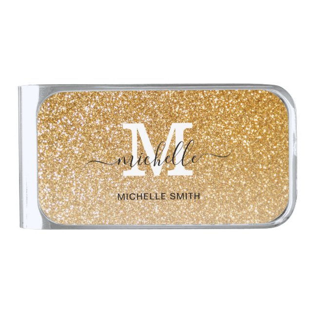 Bestselling Monogram Gold Glitter Sparkle  Silver Finish Money Clip (Front)