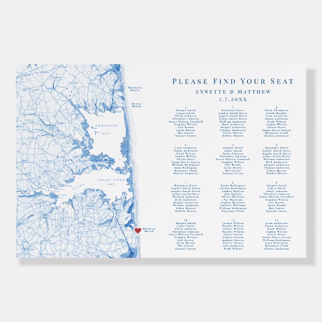 Bethany Beach 12 table Blue Wedding Seating Chart Foam Board (Front)