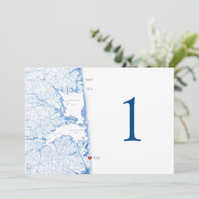 Bethany Beach DE Map Blue Wedding Table Numbers (Standing Front)