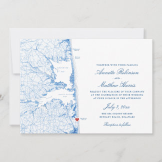 Bethany Beach DE Map Elegant Navy Blue Wedding Invitation