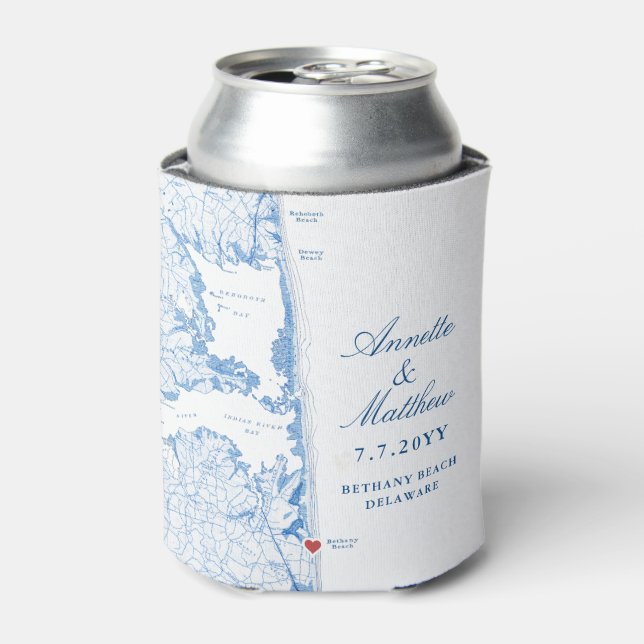Bethany Beach DE Map Navy Blue Wedding Favor Drink Can Cooler (Can Front)