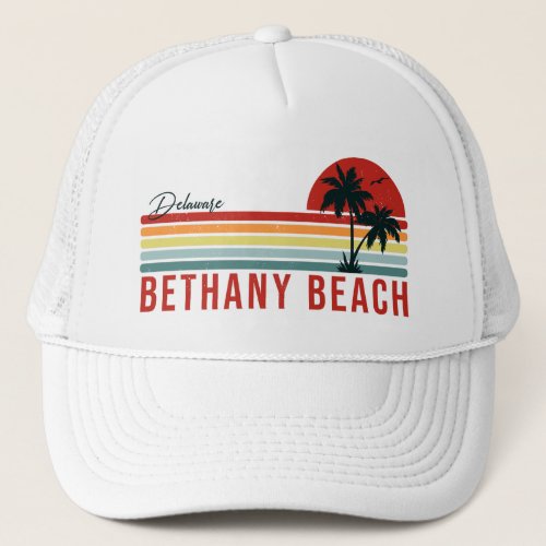 Bethany Beach Delaware Palm Trees Retro Sunset 60s Trucker Hat