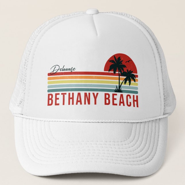 Bethany Beach Delaware Palm Trees Retro Sunset 60s Trucker Hat (Front)