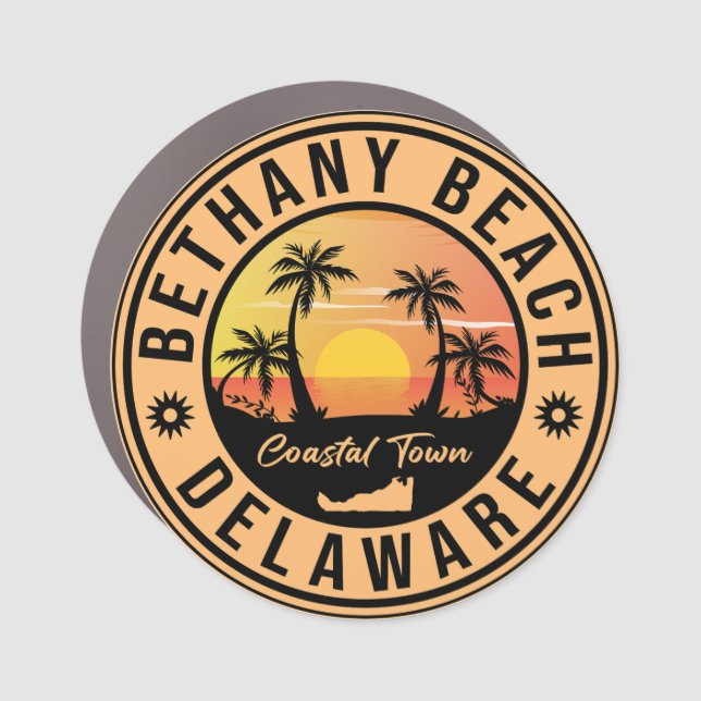 Bethany Beach Delaware Palm Trees Retro Sunset 80s Car Magnet (Front)