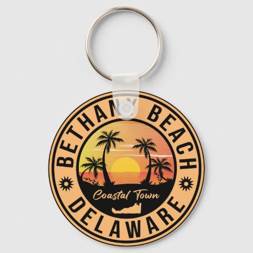 Bethany Beach Delaware Palm Trees Retro Sunset 80s Keychain