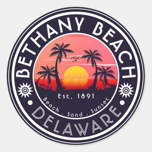 Bethany beach Delaware Sunset Beach Palm Tree 80s Classic Round Sticker