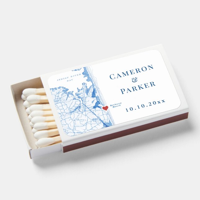 Bethany Beach Map Elegant Navy Blue Wedding Favor Matchboxes (Front Open)