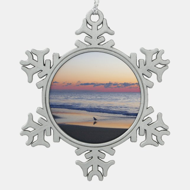 Bethany Beach Sunrise I Snowflake Pewter Christmas Ornament (Front)