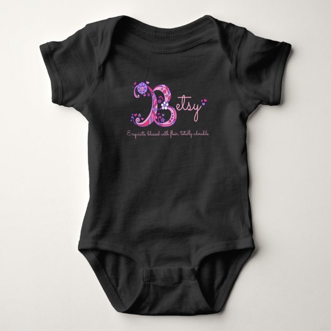 Betsy girls name & meaning B monogram baby romper (Front)