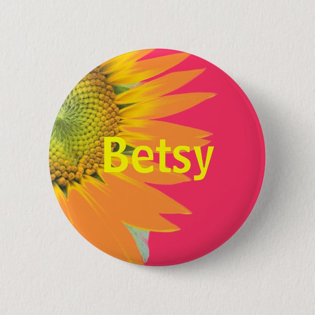 Betsy Sunflower Pink and Yellow Bright Name Badge Pinback Button (Front)