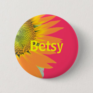 Betsy Sunflower Pink and Yellow Bright Name Badge Pinback Button