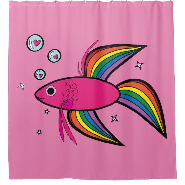 Betta Fish Blowing Heart-Filled Bubbles Shower Curtain (Front)