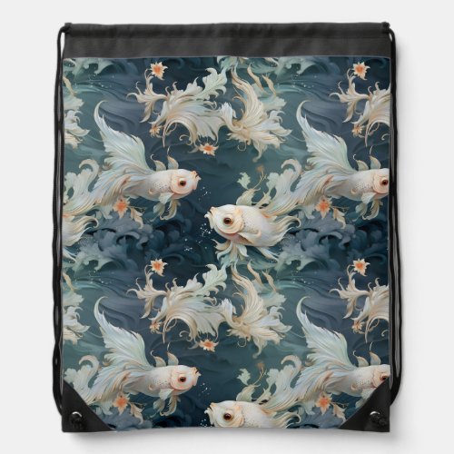 Betta Fish Blue White Drawstring Bag