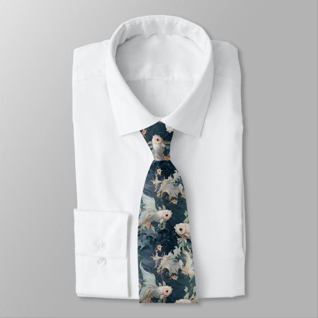 Betta Fish Blue White Neck Tie (Tied)